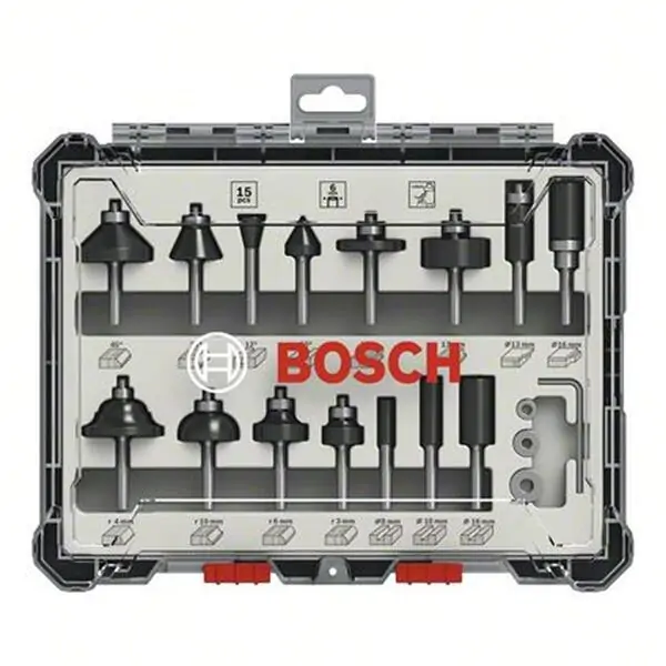 Komplet raznih glodala, 15 komada, prihvat 8 mm Bosch