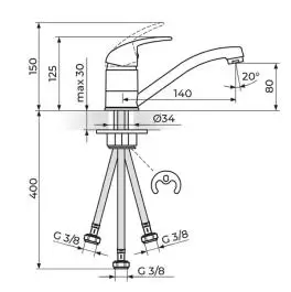 Rosan baterija za sudoperu sa 3 cevi J381081 140mm King